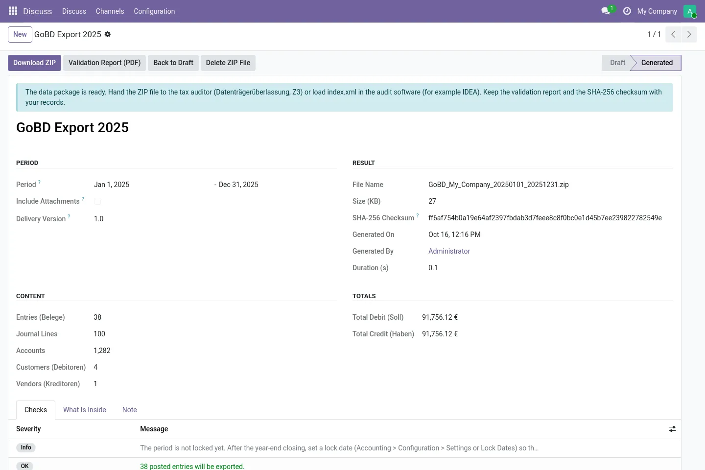 Generated GoBD export with counts, totals and SHA-256 checksum