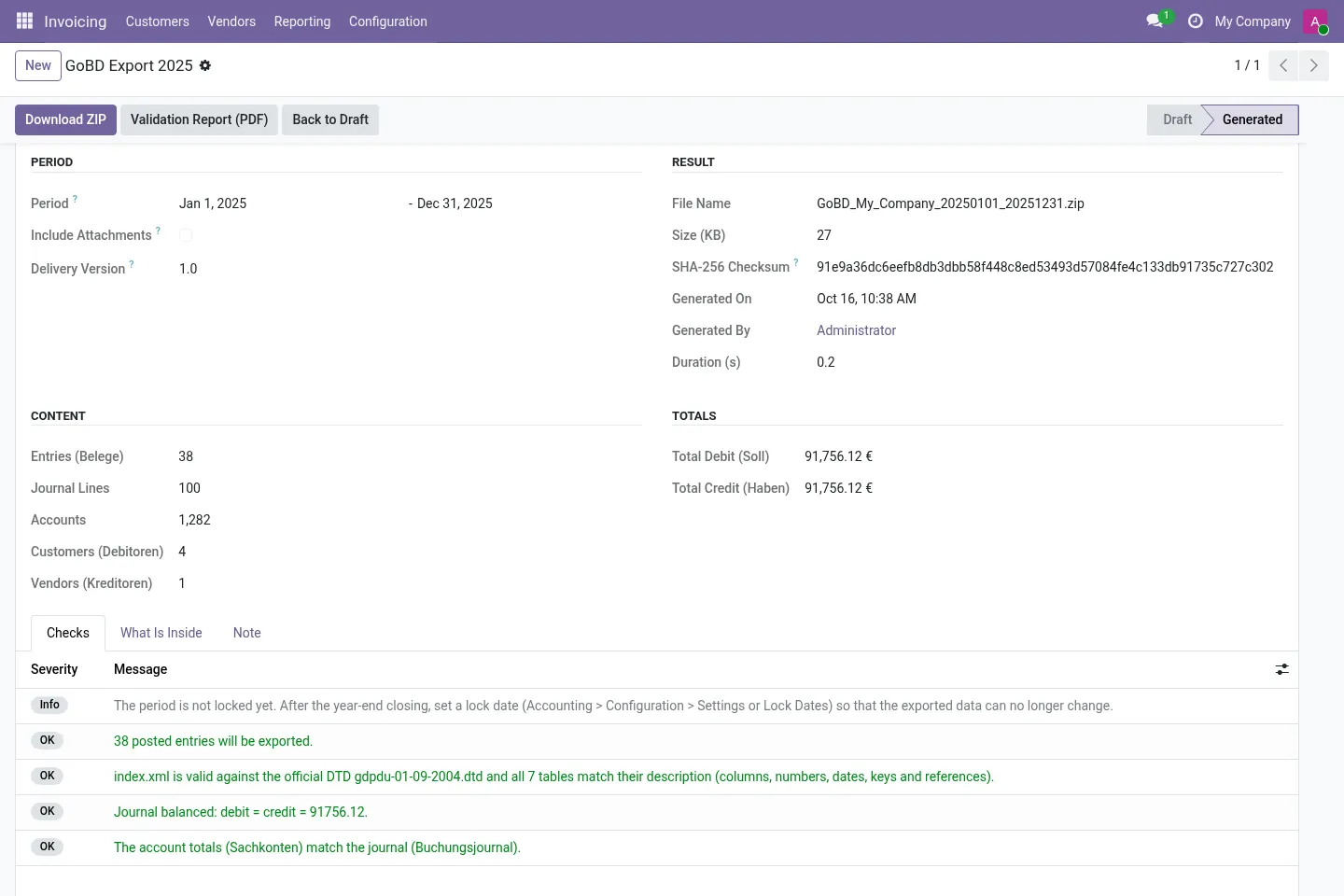 Checks tab: DTD validation, balanced journal, account totals