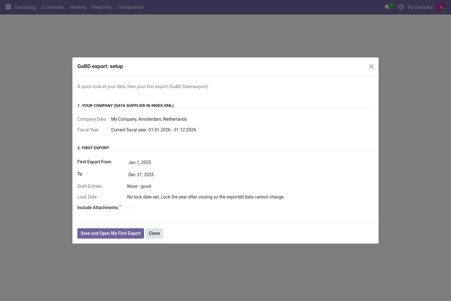 Setup wizard with company data, first period, draft entries and lock date