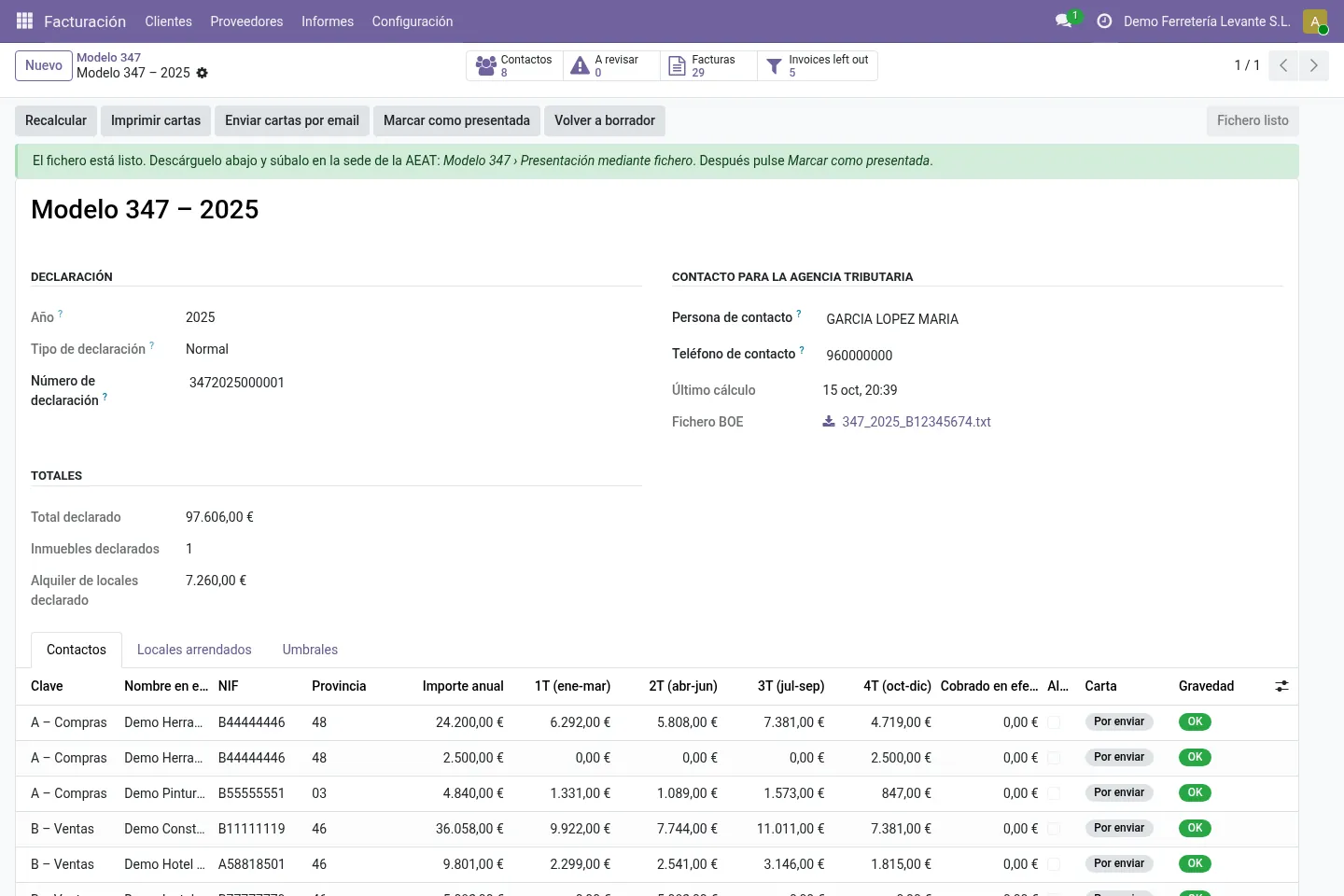 Modelo 347 return with contacts per quarter and the file ready