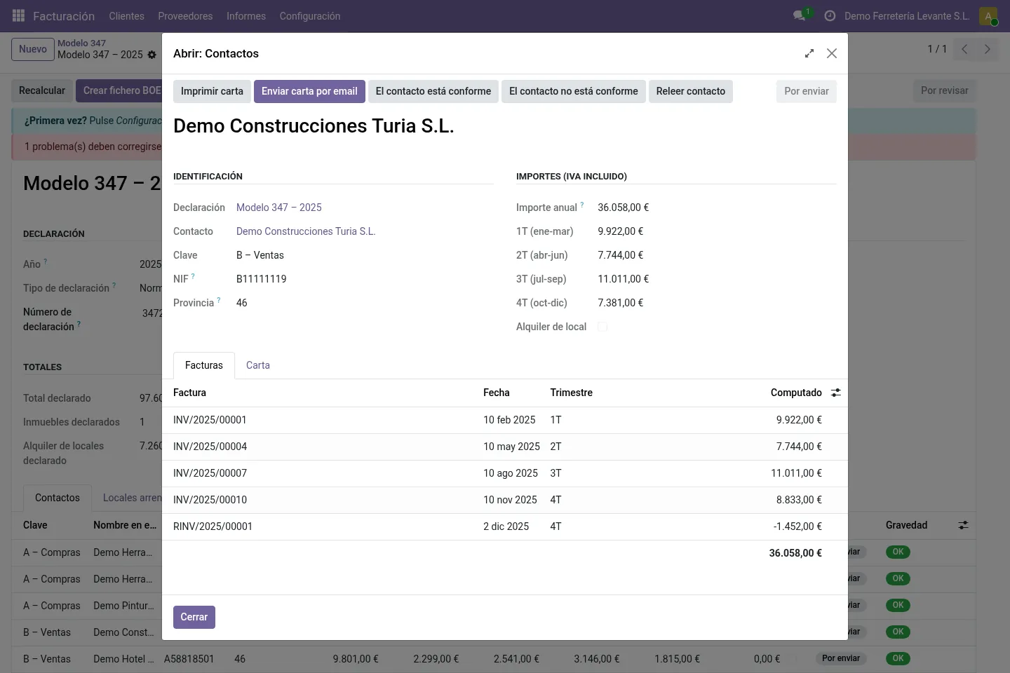 Contact record with quarterly amounts and its invoices