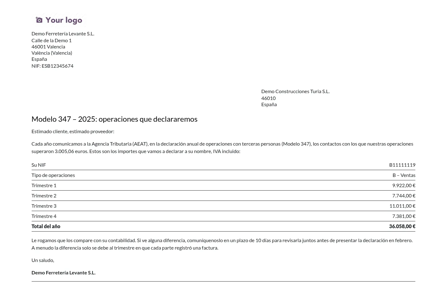Letter to a contact with the amounts per quarter