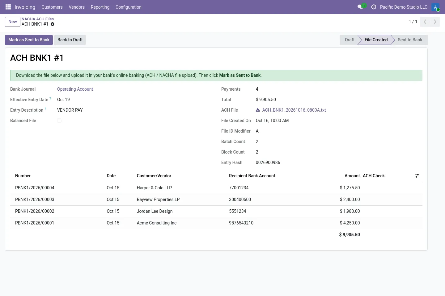 NACHA ACH file with four vendor payments
