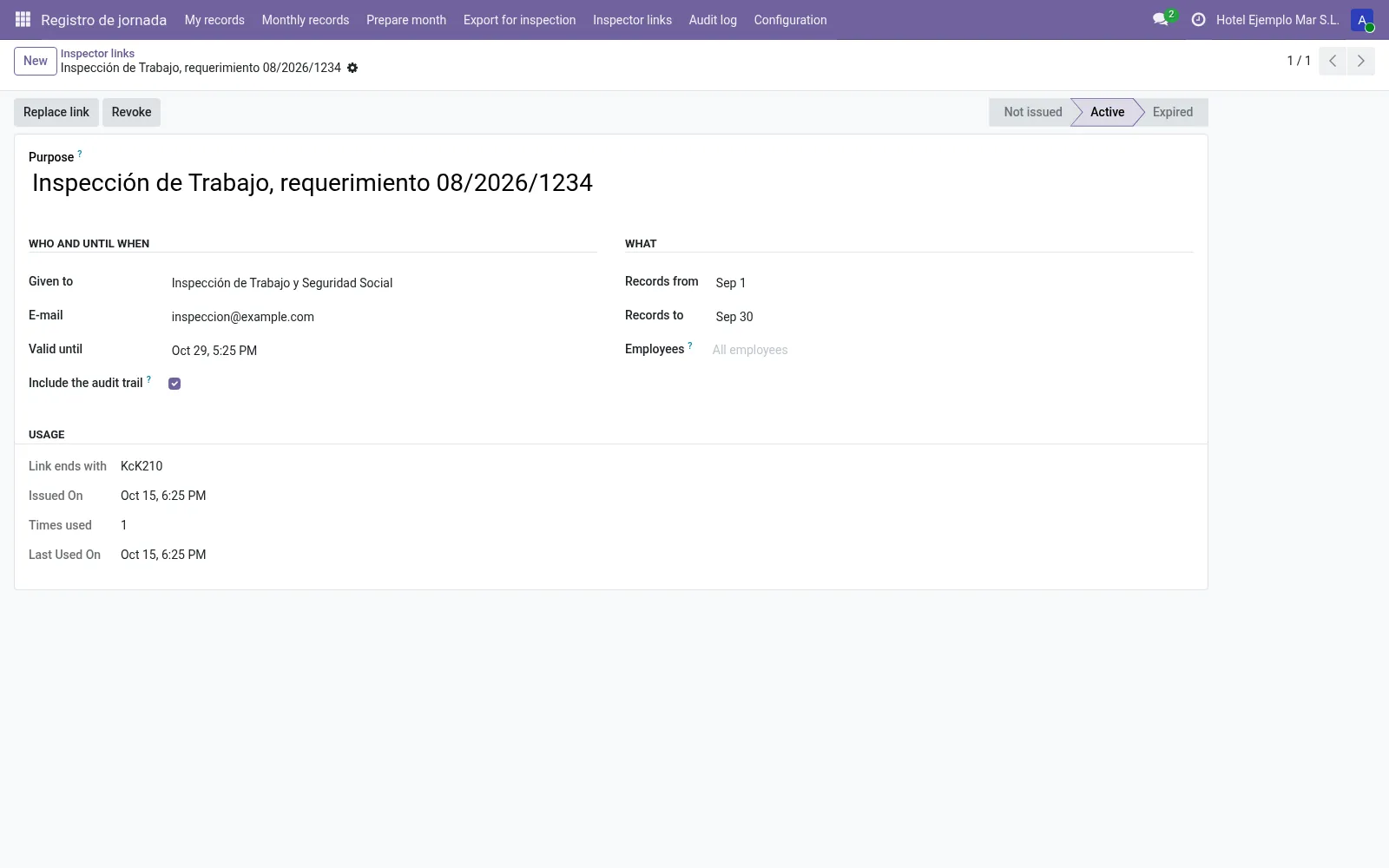Inspector link: scope, expiry and revocation