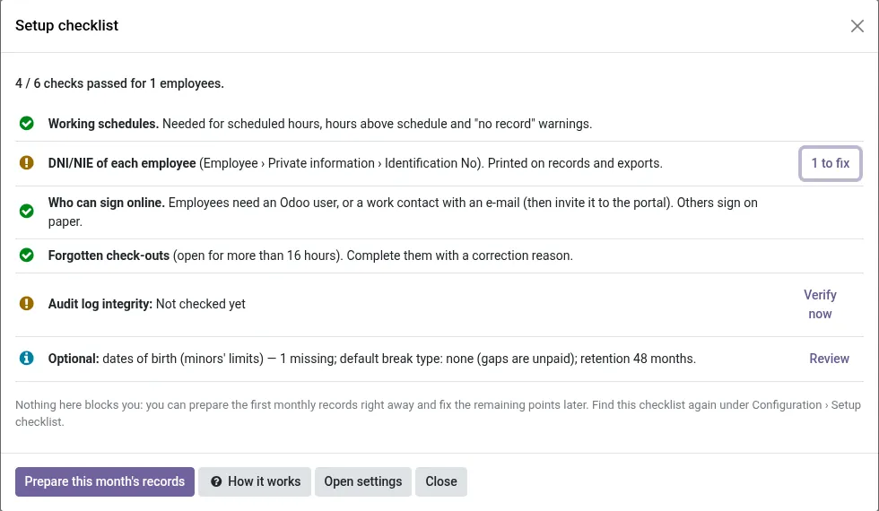 Setup checklist