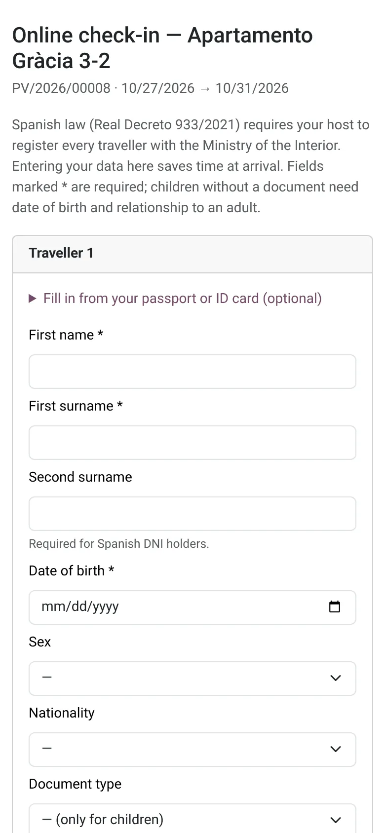 Guest self-check-in form on a phone