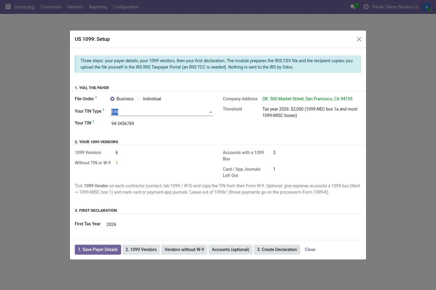 Setup screen with payer TIN, address check and vendor counts