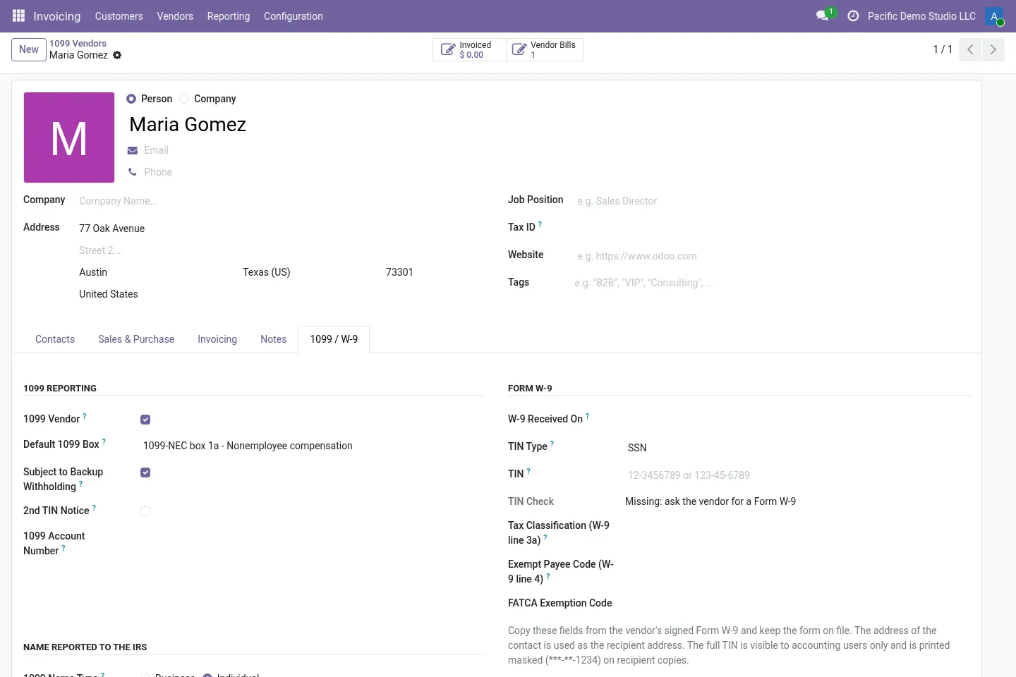 Vendor form with the 1099 / W-9 tab