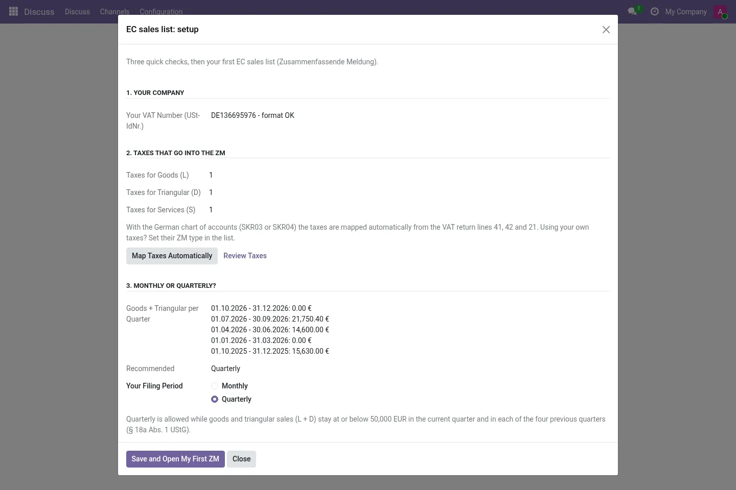 Setup wizard: VAT number, taxes L/D/S, quarterly totals and filing period